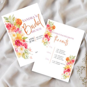 Modello floreale personalizzato per itinerario di addio al nubilato con tema principale Canva, invito per il weekend Citrus Orange, addio al nubilato, brunch nuziale, rosa brillante