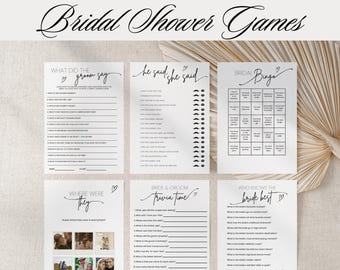 May include: A collection of six printable bridal shower games on white paper. The games include "What Did the Groom Say?", "He Said, She Said", "Bridal Bingo", "Where Were They", "Bride & Groom Trivia Time", and "Who Knows the Bride Best?"