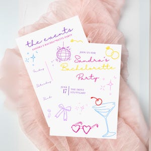 Plantilla personalizada de itinerario de despedida de soltera "Último brindis en la costa" Canva playa The Bach Club Invitación de fin de semana martini costero dibujado a mano DIY