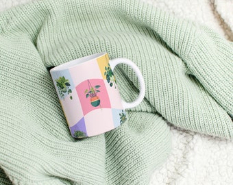 Retro plant coffee mug pink y2k style tea cup monstera lover easter gift mothers day mug birthday 90s aesthetic mug pastel plant lover