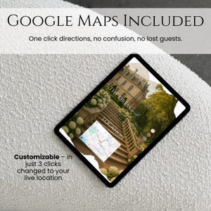 May include: A digital tablet displaying a customisable wedding invitation template with a Google Maps integration. The screen shows a stone staircase, white flowers, and a map interface with the text GOOGLE MAPS INCLUDED and Customisable.