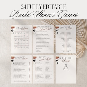 Könnte beinhalten: Sechs druckbare Brautparty-Spiele, darunter Bingo, "Wer kennt die Braut am besten?", "Sie würde lieber", "Over or Under", "Disney Love Songs" und "Guess the Dress". Der Text "24 VOLL EDITIERBARE Bridal Shower Games" steht oben.