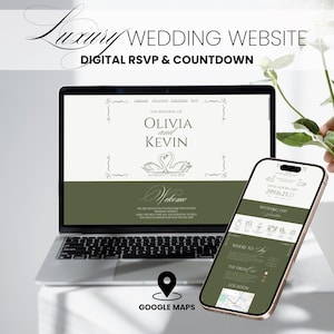 May include: A laptop and smartphone displaying a wedding website design. The website features the names "Olivia and Kevin", a countdown, and a Google Maps icon. The design is in shades of green and white, with elegant script fonts.