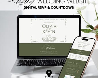 Plantilla de sitio web de boda con vegetación vintage Canva Dinero antiguo Invitación RSVP Cisne elegante Invitación de boda digital de campo Página web DIY Novia