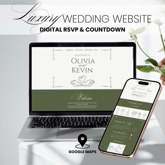 Vintage Greenery Wedding Website Template Canva Old money Invitation RSVP elegant swan Countryside Digital Wedding Invite Webpage diy bride