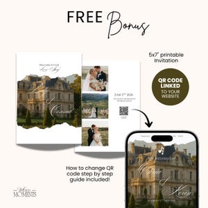 May include: A 5x7 inch printable wedding invitation set featuring a torn-paper effect, a photograph of a stone chateau, and three smaller wedding photos. Includes a QR code linked to a website, text details, and a smartphone display showing the digital version.