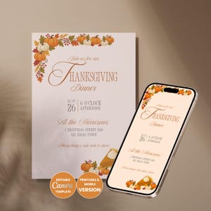 Könnte beinhalten: Eine Thanksgiving-Dinner-Einladungsvorlage mit orangefarbenen Kürbissen, Herbstblättern und einem Stück Kuchen. Der Text lautet Join us for our Thanksgiving Dinner, Nov 26, 6 o'clock afternoon, At the Harrisons, Christmas Street 888, 1111 Xmas Town.