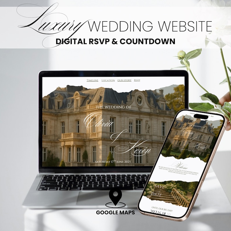 May include: A laptop and smartphone displaying a wedding website template featuring a large stone estate, the names Olivia and Kevin, and the date Saturday 17th June 2025. The screen includes navigation links for timeline, location, our story, and RSVP.