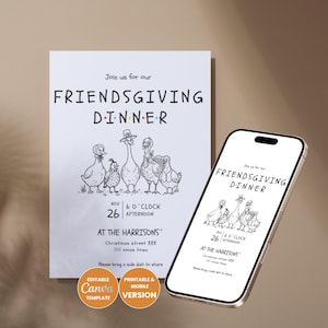 Könnte beinhalten: Eine Friendsgiving-Dinner-Einladungsvorlage mit einer schwarz-weißen Strichzeichnung von fünf Vögeln und dem Text Join us for our FRIENDSGIVING DINNER, NOV 26, 6 O'CLOCK AFTERNOON, AT THE HARRISONS, Christmas street 888, 1111 xmas town.