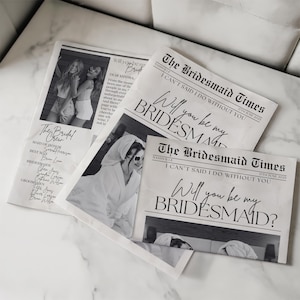 Proposta di matrimonio modificabile con bouquet di fiori su giornale, modello stampabile su Canva, regalo "Vuoi essere la mia damigella d'onore?", regalo dell'ultimo minuto fai da te.
