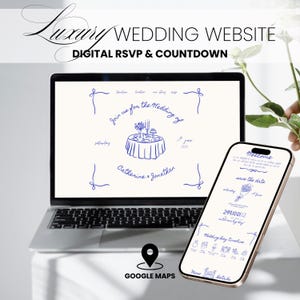 May include: A laptop and smartphone displaying a wedding website design. The laptop screen shows a table setting illustration with text, while the phone displays a save-the-date card. The words "Luxury Wedding Website" are at the top.