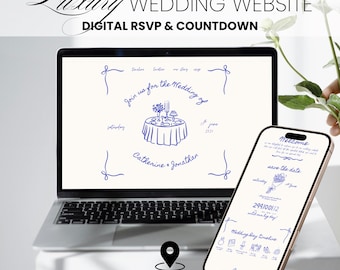Hand drawn whimsical wedding website template Canva editable RSVP countdown Google Maps colorful doodle customizable artsy invitation W07