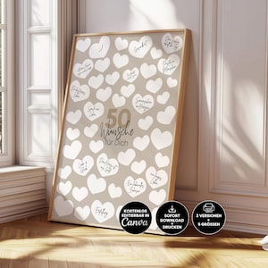 Puede incluir: Un marco con un fondo beige y formas de corazón blancas. La impresión muestra el texto "50 Deseos para ti" en una fuente estilizada, con mensajes manuscritos dentro de algunos corazones. El marco es de color marrón claro.