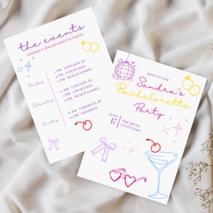 Plantilla personalizada de itinerario de despedida de soltera "Último brindis en la costa" Canva playa The Bach Club Invitación de fin de semana martini costero dibujado a mano DIY