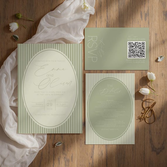 Editable Wedding Invitation Bundle Canva Template Elegant Whimsical Striped Italian Coastal Minimal Old Money Style RSVP Printable Card W05