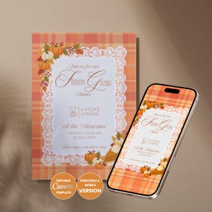 Editable Thanksgiving Dinner Invitation Printable Friendsgiving Evite Canva Template Watercolor Pumpkin Plaid Fall Party Instant Download