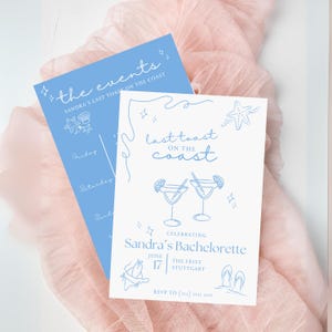 Plantilla personalizada de itinerario de despedida de soltera "Último brindis en la costa" Canva playa The Bach Club Invitación de fin de semana martini costero dibujado a mano DIY