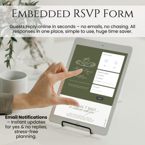 May include: A digital tablet displaying an RSVP form with a swan design and the text "Can't wait to celebrate with you!". The screen shows fields for guest responses. The tablet is held in a black stand.