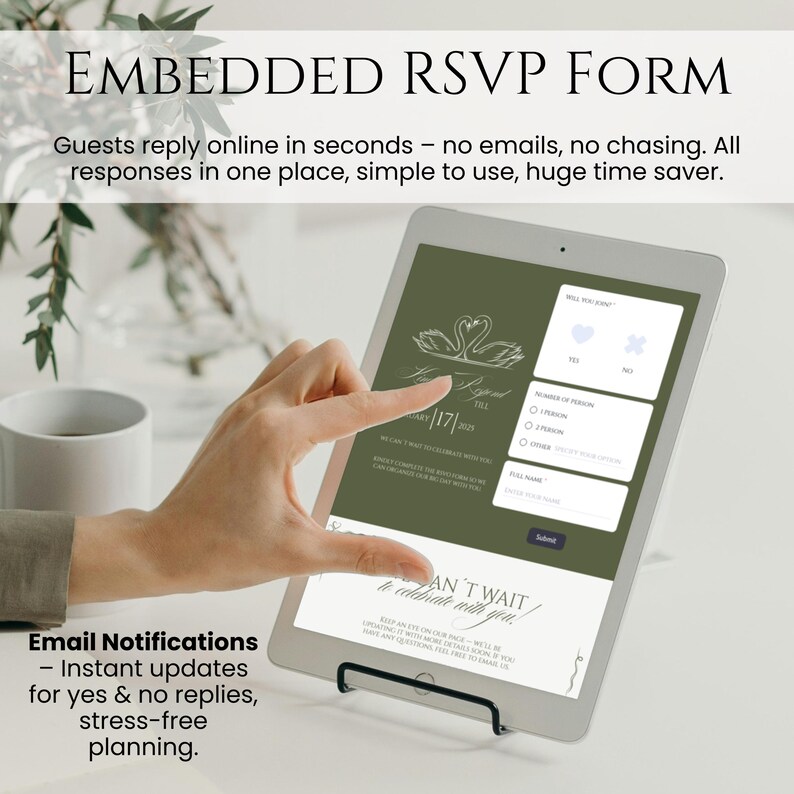 May include: A digital tablet displaying an RSVP form with a swan design and the text "Can't wait to celebrate with you!". The screen shows fields for guest responses. The tablet is held in a black stand.