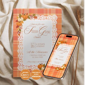 Editable Friendsgiving Dinner Invitation Printable Thanksgiving Evite Canva Template Watercolor Pumpkin Plaid Fall Party Instant Download