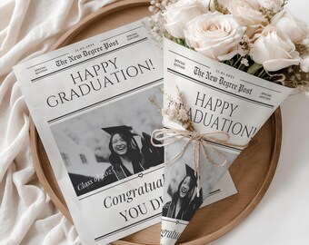 Graduation Gift Newspaper Flower Bouquet Wrap Canva Template Editable personalized printable gift New Graduate College Graduation Gift diy