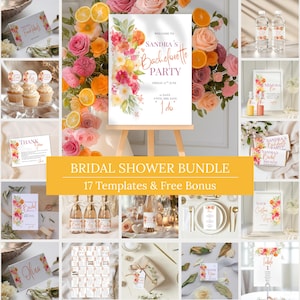 Pacchetto per addio al nubilato agli agrumi, set di inviti per sposa con spremuta principale, decorazioni con giochi modificabili, kit stampabile per addio al nubilato con Aperol floreale arancione, benvenuto