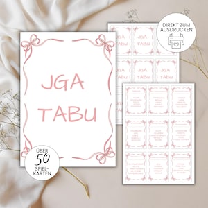 May include: A set of printable JGA Taboo game cards. The main card features the text "JGA TABU" in pink, framed by a pink ribbon design. Additional cards with game prompts are also visible. The image includes the text "OVER 50 PLAYING CARDS".