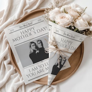 Plantilla de periódico para envolver ramo de flores del Día de la Madre, Canva editable, envoltorio de flores imprimible, tarjeta del Día de la Madre, regalo para mamá primeriza, bricolaje de último minuto