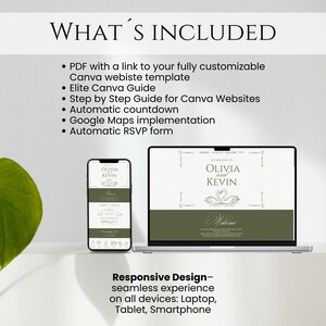 May include: A digital wedding invitation template displayed on a smartphone and laptop. The design features the names "Olivia and Kevin" with a swan graphic. The text "What's Included" and "Responsive Design" are also visible.