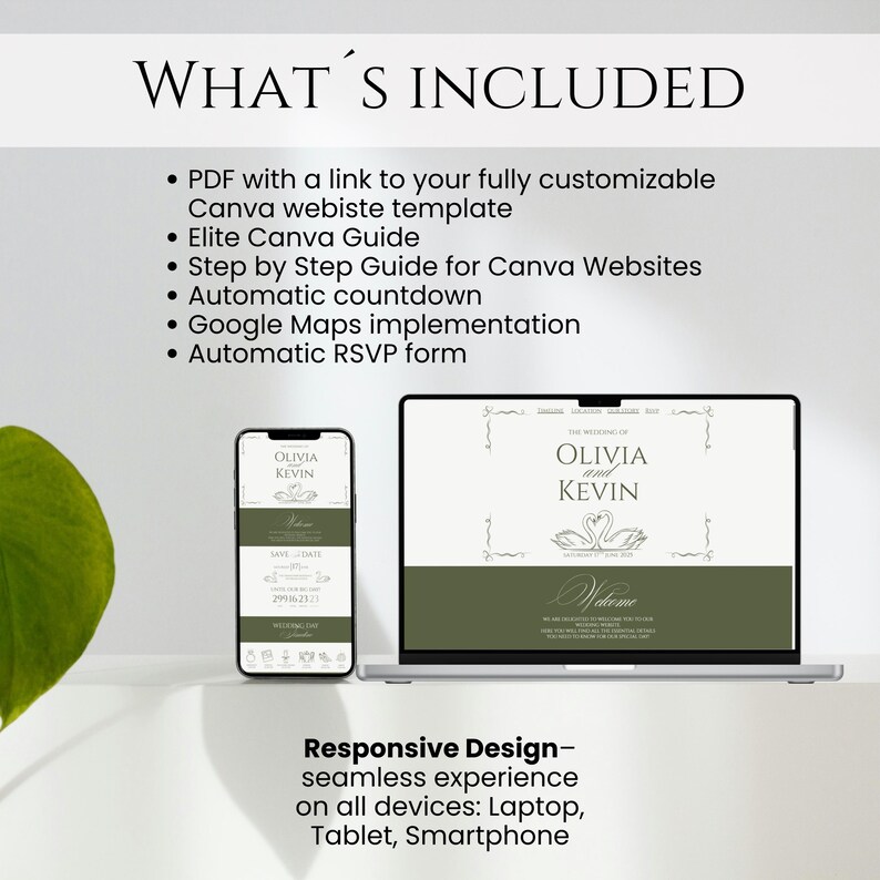May include: A digital wedding invitation template displayed on a smartphone and laptop. The design features the names "Olivia and Kevin" with a swan graphic. The text "What's Included" and "Responsive Design" are also visible.