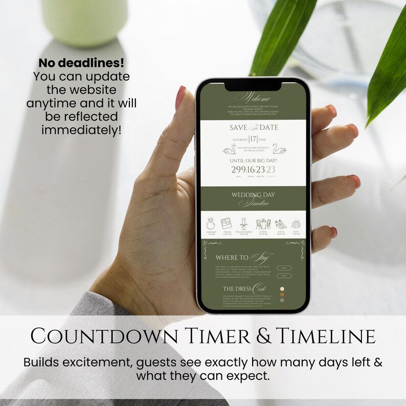 May include: A smartphone displays a wedding countdown timer and timeline. The screen features a green and white design with text that reads "Save the Date" and "Wedding Day." The phone is held in a hand.
