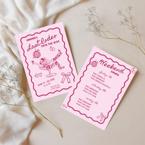 Könnte beinhalten: Zwei rosa Eventkarten mit dunkelrosa Text und Illustrationen. Auf einer Karte steht "Sandra's Last Rodeo Join the Ride" mit einer Cowgirl-Illustration. Die andere Karte listet Wochenendveranstaltungen auf. Die Karten sind mit Herzen, Schleifen und einer Discokugel verziert.
