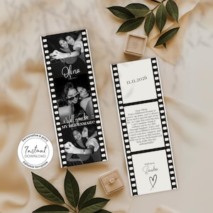 Modèle de bande photo « Veux-tu être ma demoiselle d'honneur » avec carte de proposition de demoiselle d'honneur modifiable sur Canva, invitation de fête de mariage moderne