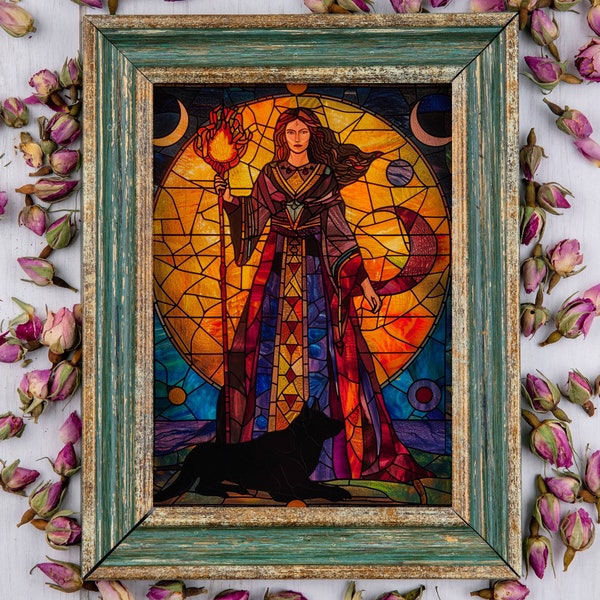 Hecate, Hekate, Hecate art, Hecate goddess art, witchcraft, dark art, divine feminine, witchy decor, gothic decor, deity, stained glass art