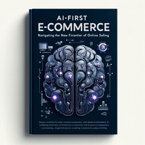 May include: A book cover with a blue background and a stylised image of a brain made of gears and circuits. The title of the book is "AI-FIRST E-COMMERCE: Navigating the New Frontier of Online Selling".