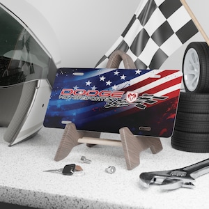 Custom Vanity Plate Tag With American Flag And Dodge Logo