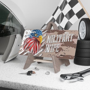 Custom Vanity Plate Tag With Military Wife And American Eagle Flag And Chocolate Chip Camo
