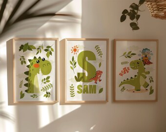 Personalised Dinosaur Prints, Set of 3 Dinosaur Bedroom Decor, Dinosaur Playroom Prints, Scandi Nursery Decor, Watercolor Dinosaur Wall Art