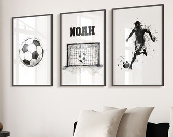 Láminas de fútbol personalizadas para pared, láminas de fútbol negras para dormitorio infantil, decoración de dormitorio infantil con nombre de jugador, regalos para hijo