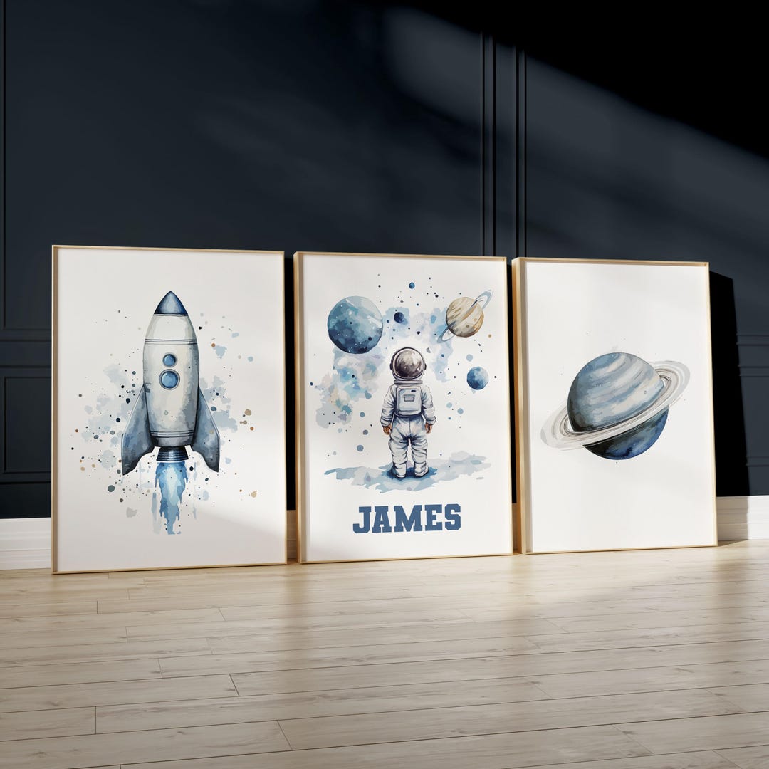 Space Nursery Decor Set of 3 Space Wall Art for Boys Personalised ...