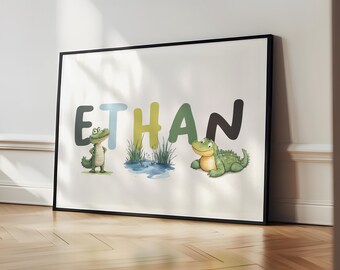 Kids Aligator Print Personalised Wall Art For Boys Bedroom Boys Nursery Prints Animal Wall Art Aligator Prints Nursery Decor Wildlife Print