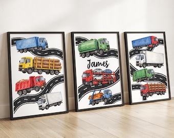 Personalised Lorry Wall Art Set of 3, Boys Truck Prints Nursery Decor, Transport Bedroom