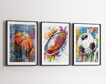 Sports Graffiti Wall Art Prints Football Basketball Rugby Prints, Boys Bedroom Decor, Kid Bedroom Football Decor, Man Cave Sports Posters