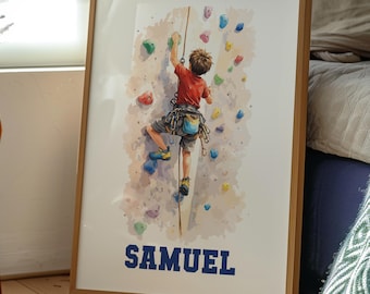 Personalised Climbing Wall Art Print Personalised Rock Climber Print, Boys Bedroom Decor, Kid Bedroom Football Decor, Rock Climbing Print