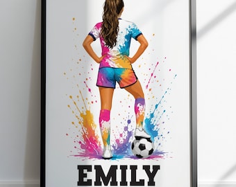 Personalised Football Girl Print with Name | Custom Player Bedroom Wall Art