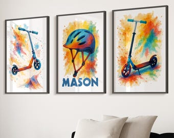 Set of 3 Scooter Prints for Boys Bedroom Scooter Prints Boy Nursery Decor Kids Room Wall Art Toddler Room Personalised Baby Boy Room Decor