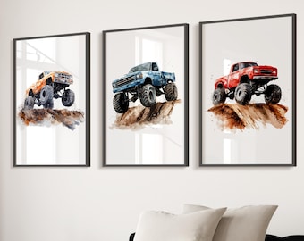 Juego de pósteres de Monster Truck, arte mural de camiones para dormitorio de niños, impresiones para guardería de niños, arte mural de Monster Truck, impresiones de camiones para dormitorio de guardería de niños