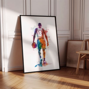 May include: A watercolour painting of a basketball player wearing a jersey with the name "Carter" and the number "3" on the back. The player is holding a basketball and walking away from the viewer. The painting is done in a colourful style with splashes of paint.