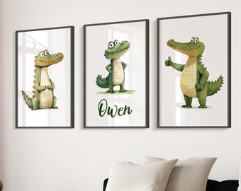 Kids Aligator Poster Set Personalised Wall Art For Boys Bedroom Boys Nursery Prints Animal Wall Art Aligator Prints Nursery Decor Kids Print
