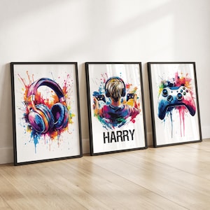 Personalised Gaming Wall Art Prints, Personalised Gaming Prints, Boys Bedroom Decor, Kid Bedroom Gamer Decor, Games Room Gaming Gift for Boy PS - Brown Hair